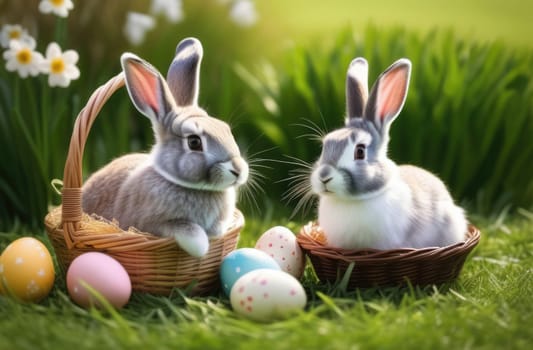Holiday celebration banner with cute Easter bunny with decorated eggs and spring flowers on green spring meadow. Rabbit in landscape. Happy Easter greeting card, banner, festive background. Copy space