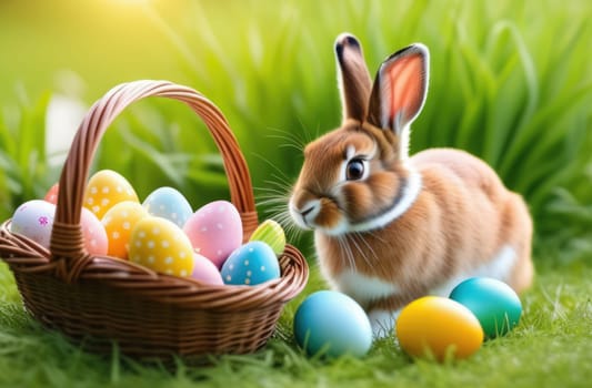 Holiday celebration banner with cute Easter bunny with decorated eggs and spring flowers on green spring meadow. Rabbit in landscape. Happy Easter greeting card, banner, festive background. Copy space