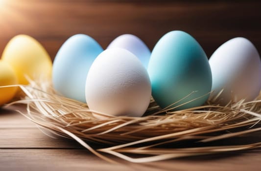 Holiday celebration banner with cute Easter decorated eggs in basket on wooden table. Colorful eggs. Happy Easter greeting card, banner, invitation, festive background, posters wallpaper. Copy space