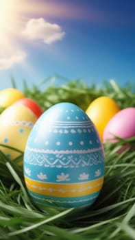 Holiday celebration banner with cute Easter decorated eggs and spring flowers on green spring meadow. Flowers in landscape. Happy Easter greeting card, banner, festive background.Copy space