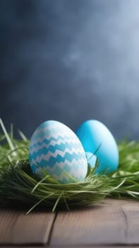 Holiday celebration banner with cute Easter decorated eggs in basket on wooden table. Colorful eggs. Happy Easter greeting card, banner, invitation, festive background, posters wallpaper. Copy space