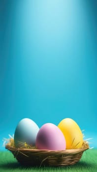 Holiday celebration banner with cute Easter decorated eggs in basket on wooden table. Colorful eggs. Happy Easter greeting card, banner, invitation, festive background, posters wallpaper. Copy space