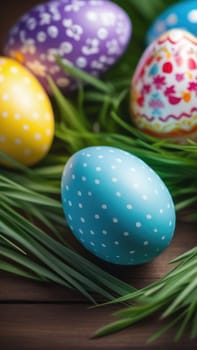 Holiday celebration banner with cute Easter decorated eggs on wooden table. Colorful eggs. Happy Easter greeting card, banner, invitation, festive background, posters wallpaper. Copy space