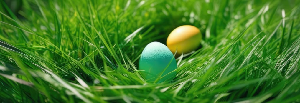 Holiday celebration banner with cute Easter decorated eggs and spring flowers on green spring meadow. Flowers in landscape. Happy Easter greeting card, banner, festive background.Copy space