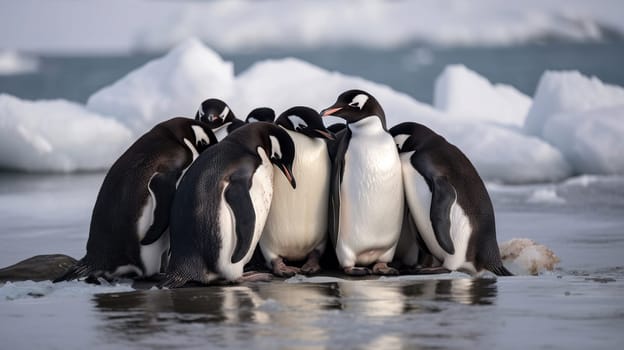 A group of Gentoo penguins huddled on the icy shore, with glacial backdrop - Generative AI