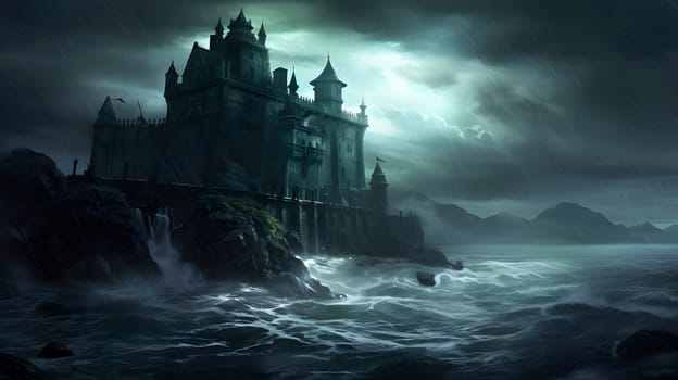 grand castle perched upon a rocky cliff, with powerful ocean waves crashing below, all under a brooding, moonlit sky - Generative AI