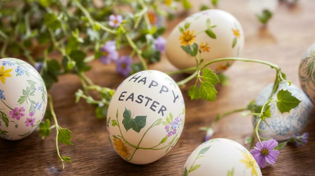 A collection of elegantly hand-painted Easter eggs adorned with floral patterns and a Happy Easter message are nestled among fresh spring flowers on a rustic wooden table. - Generative AI