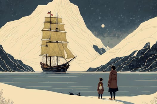 An illustration of a mother and child gazing at a sailing ship in a snowy arctic landscape