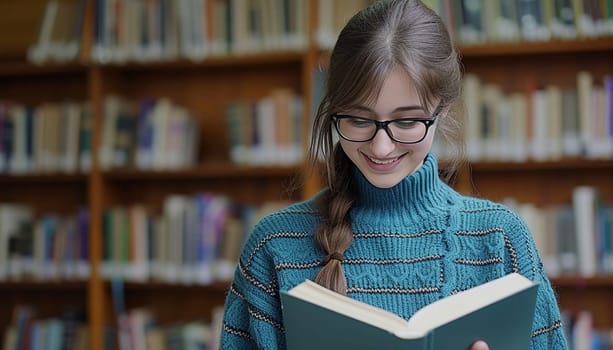 A smart girl is reading a book in the library. High quality photo