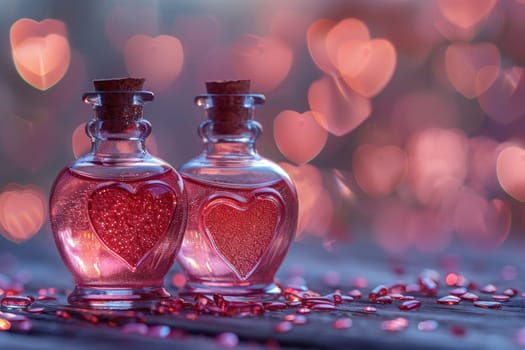 Close-up of two glass bottles each featuring a heart symbol, creating a magical and loving atmosphere.