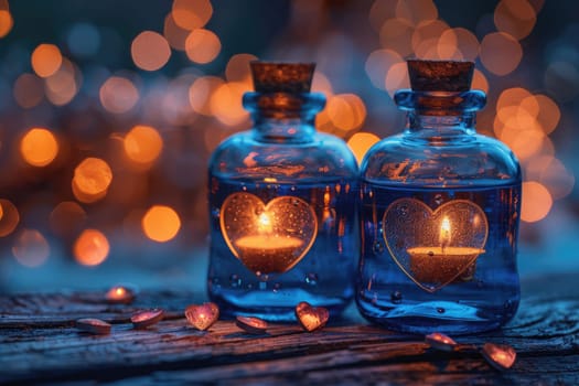 Close-up of potion bottles filled with candles, emitting a warm glow.