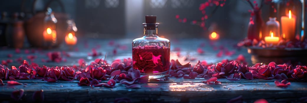 A vintage glass decanter filled with liquid, resembling hearts and magic, is placed on a table.