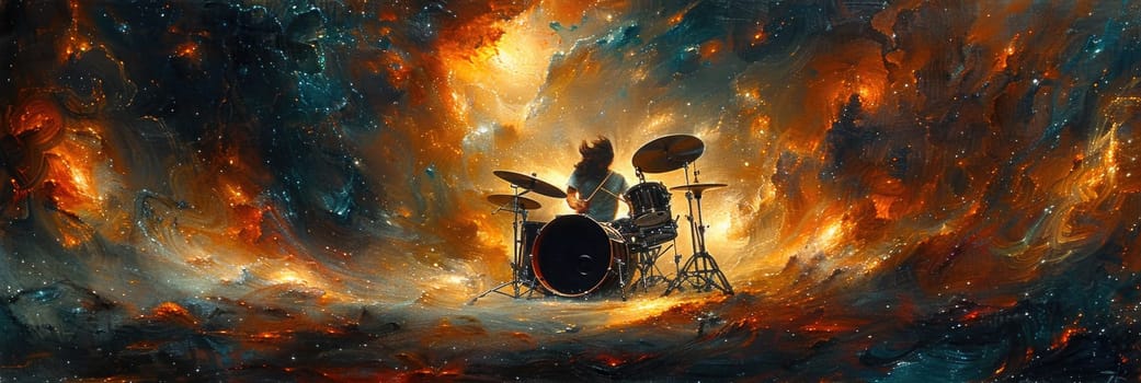 A painting showcasing a drum set on fire, symbolizing raw power and intensity.