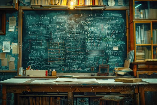 A university auditoriums blackboard filled with complex equations and notes awaits the arrival of students.