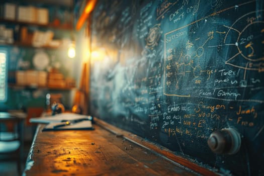 Detailed close up of a blackboard filled with academic notes and equations in an empty auditorium.