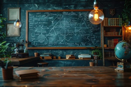 A close up capture of a learning environment with a chalkboard and a wooden table in an empty auditorium.