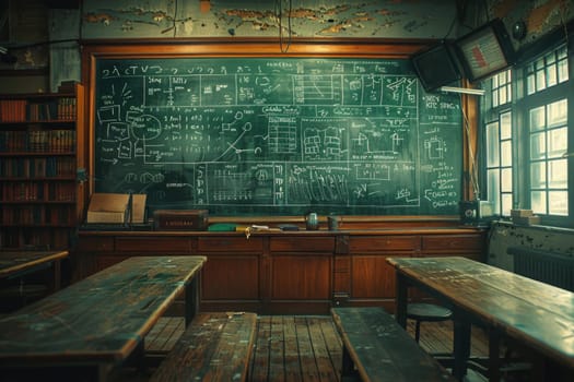 View of an empty classroom with a chalkboard at the front and wooden tables.