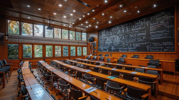 Lecture hall with empty wooden desks arranged in rows facing a chalkboard.