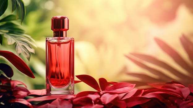 Transparent red glass perfume bottle mockup with plants on background. Eau de toilette. Mockup, spring flat lay