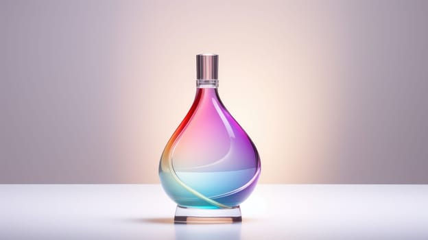 Transparent rainbow glass perfume bottle mockup on pedestal with minimalist background. Eau de toilette. Mockup, spring flat lay
