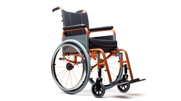 Empty medical wheelchair for invalid patient on white empty background. Hospital health care support.