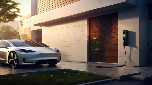 Generic electric vehicle EV hybrid car is being charged from wall charger on contemporary modern residential building house.