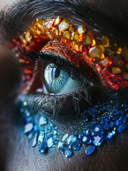A close-up portrait showcasing a persons eye adorned with vibrant and colorful makeup, highlighting intricate details and artistic creativity.