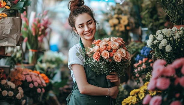 A florist girl holds a bouquet of flowers. High quality photo