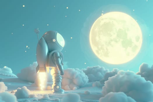 3d cartoon of astronaut and rocket with moon. Generative AI.
