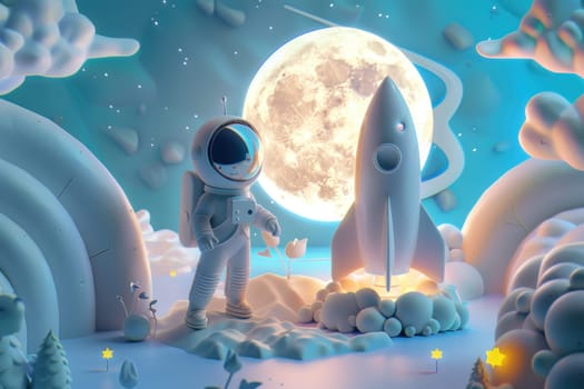 3d cartoon of astronaut and rocket with moon. Generative AI.