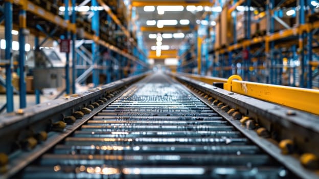 Empty Conveyor belt in distribution center. Generative AI.