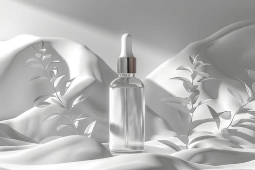 Stylish Cosmetic serum mockup, Glass bottle with pipette dispenser, clear liquid, water splashes. Generative AI.