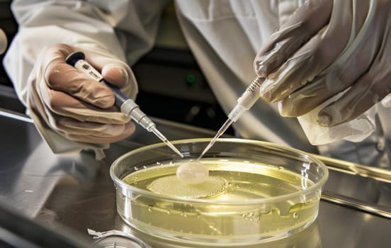 a researcher inspect a pipette of a petri dish . in the chemistry laboratory.ai generative.