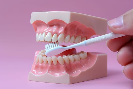 Dental jaw model with brush a concept of oral hygiene in a clean surface, Generative AI..