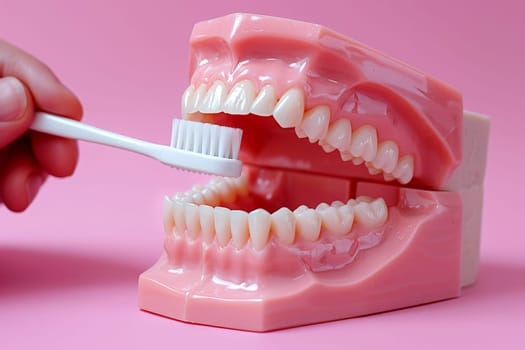 Dental jaw model with brush a concept of oral hygiene in a clean surface, Generative AI..