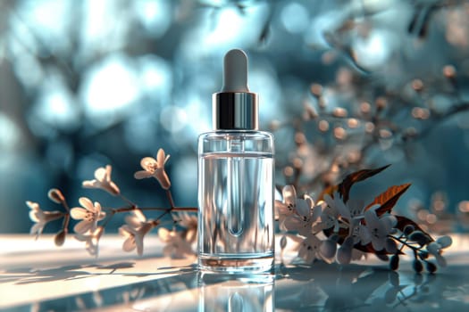 Stylish Cosmetic serum mockup, Glass bottle with pipette dispenser, clear liquid, water splashes. Generative AI.