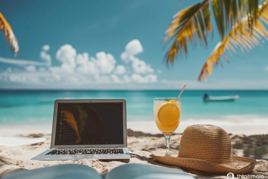 digital nomad life style on the beach with laptop, summer vacation holiday, banner or background.