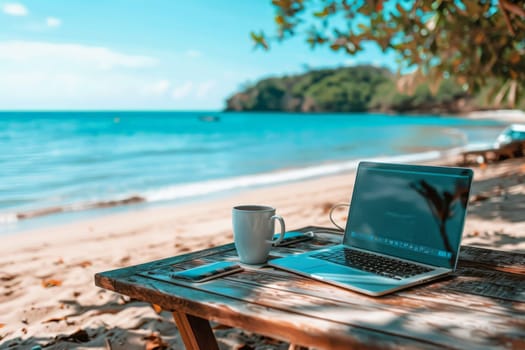 digital nomad life style on the beach with laptop, summer vacation holiday, banner or background.