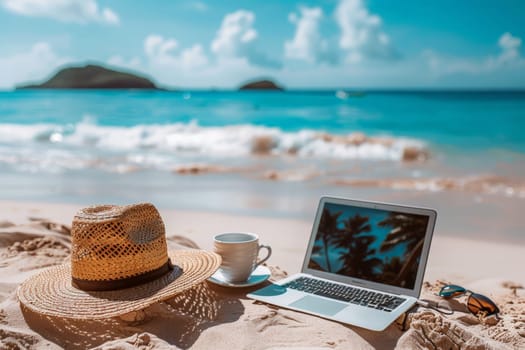 digital nomad life style on the beach with laptop, summer vacation holiday, banner or background.