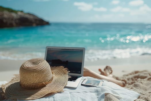 digital nomad life style on the beach with laptop, summer vacation holiday, banner or background.