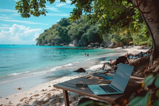 digital nomad life style on the beach with laptop, summer vacation holiday, banner or background.