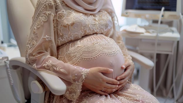 a pregnant woman holding her big belly caringly . Generative AI.