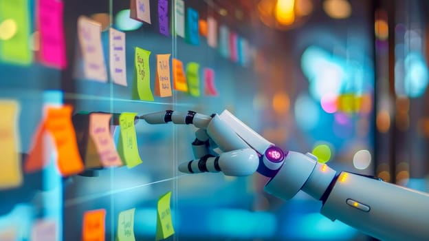 Agile software development scrum methodology boards. workflow, robot Finger touching virtual interface.AI generative.