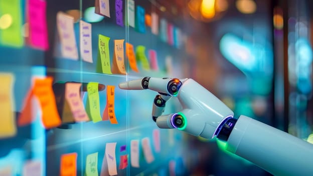 Agile software development scrum methodology boards. workflow, robot Finger touching virtual interface.AI generative.