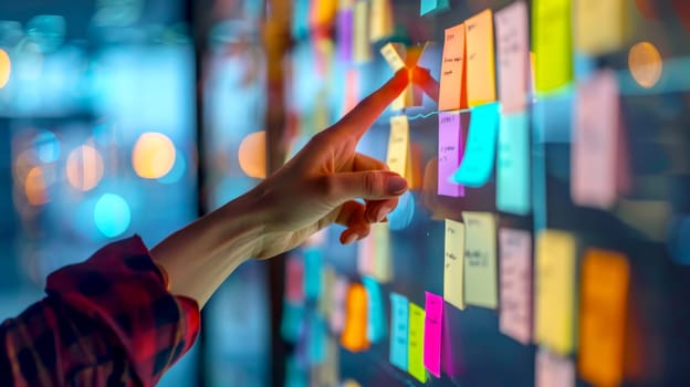 Agile software development scrum methodology boards. workflow, Finger touching virtual interface.AI generative.