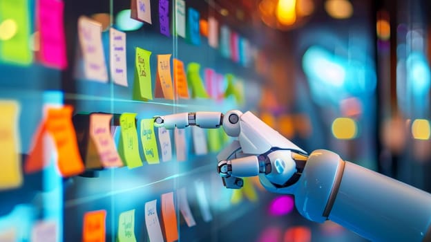 Agile software development scrum methodology boards. workflow, robot Finger touching virtual interface.AI generative.