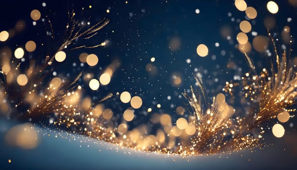 A stunning winter wonderland with golden particles dancing in the air, creating a mesmerizing bokeh effect against a deep navy background.