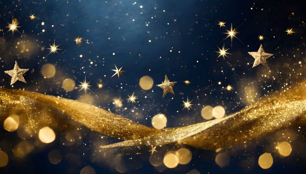 Happy New year, 2024 Christmas background with gold stars and sparkling. Abstract background with Dark blue and gold particle. Christmas Golden particles bokeh on navy background c