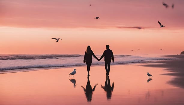 A couple holding hands and walking on a beach at sunset. The sky is orange and pink, and the ocean is calm. There are some seagulls flying in the distance. Happy Valentine's Day.