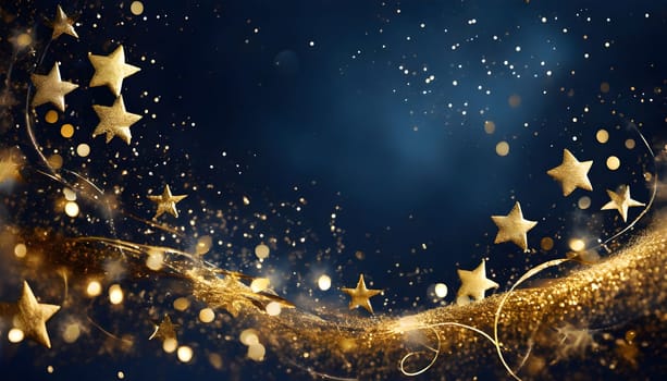 Happy New year, 2024 Christmas background with gold stars and sparkling. Abstract background with Dark blue and gold particle. Christmas Golden particles bokeh on navy background x